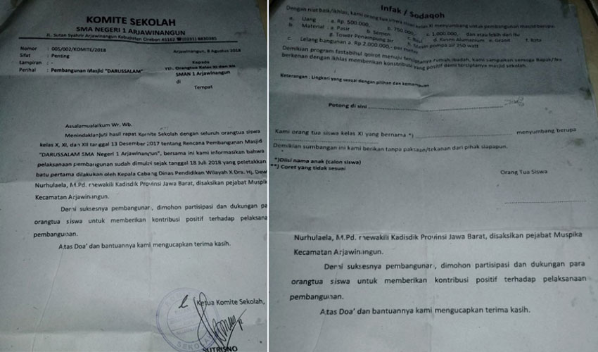 Wali Murid Keluhkan Infak dan Kenaikan SPP Tiga Kali Lipat di SMAN 1 Arjawinangun