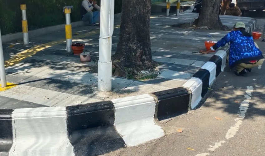 DPUTR Kota Cirebon Laksanakan Pengecatan Border Stone di Sejumlah Titik